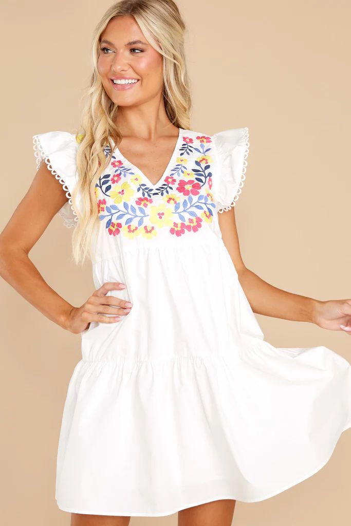 Pretty Places White Embroidered Dress | Red Dress 