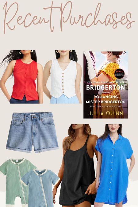 Recent purchases
Size M in red top, white vest, and black romper from Amazon
Size small in blue dress
Size 8 didn’t work for me in the jean shorts so retuned for next size up