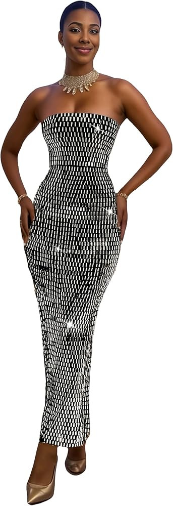 Strapless Rhinestone Maxi Dresses Evening Gowns for Women Formal Sexy | Amazon (US)