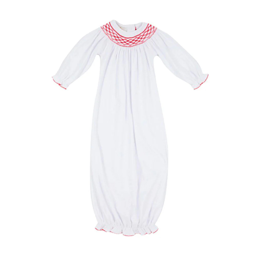 Sweetly Smocked Greeting Gown (Girl) - Worth Avenue White with Richmond Red | The Beaufort Bonnet Company