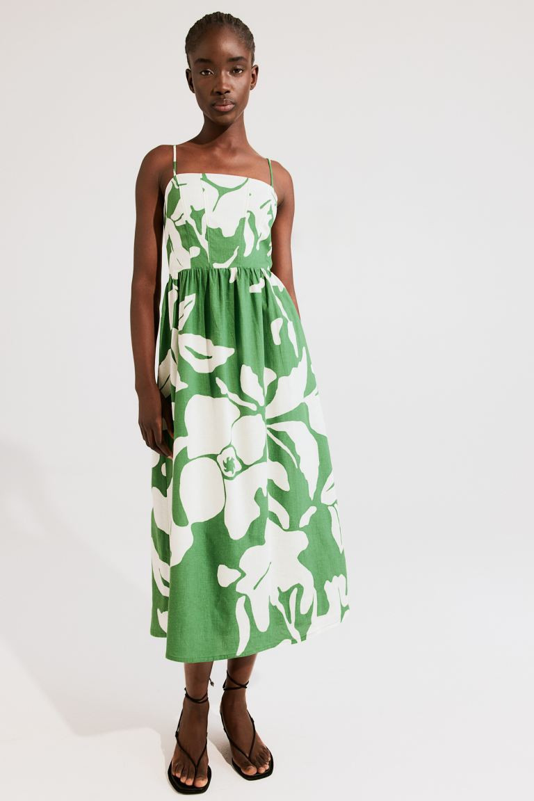 Linen-blend Midi Dress - Square Neckline - Sleeveless - Green/floral - Ladies | H&M US | H&M (US + CA)