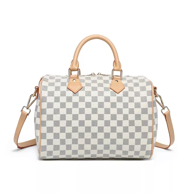 TWENTY FOUR Womens Checkered Tote Shoulder Bag with inner pouch - PU Vegan  Leather Shoulder Satchel Fashion Bags -Cream checkered 