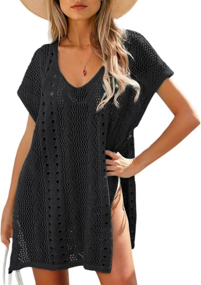 Dokotoo Women's Crochet Cover Up Swimwear Beachwear Scoop Neck Short Sleeve Mini Dress Beach Dres... | Amazon (US)