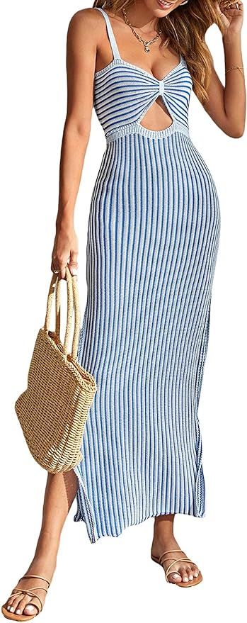 SOLY HUX Women's Summer Maxi Dress Striped Cut Out Split Thigh Spaghetti Strap Sexy Long Cami Sun... | Amazon (US)