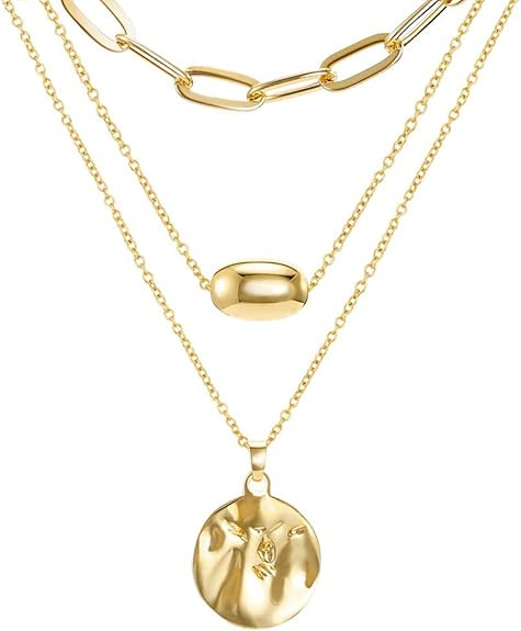 FAMARINE Collar largo con colgante en capas de oro, gargantilla de 3 capas, collar de cadena con ... | Amazon (US)