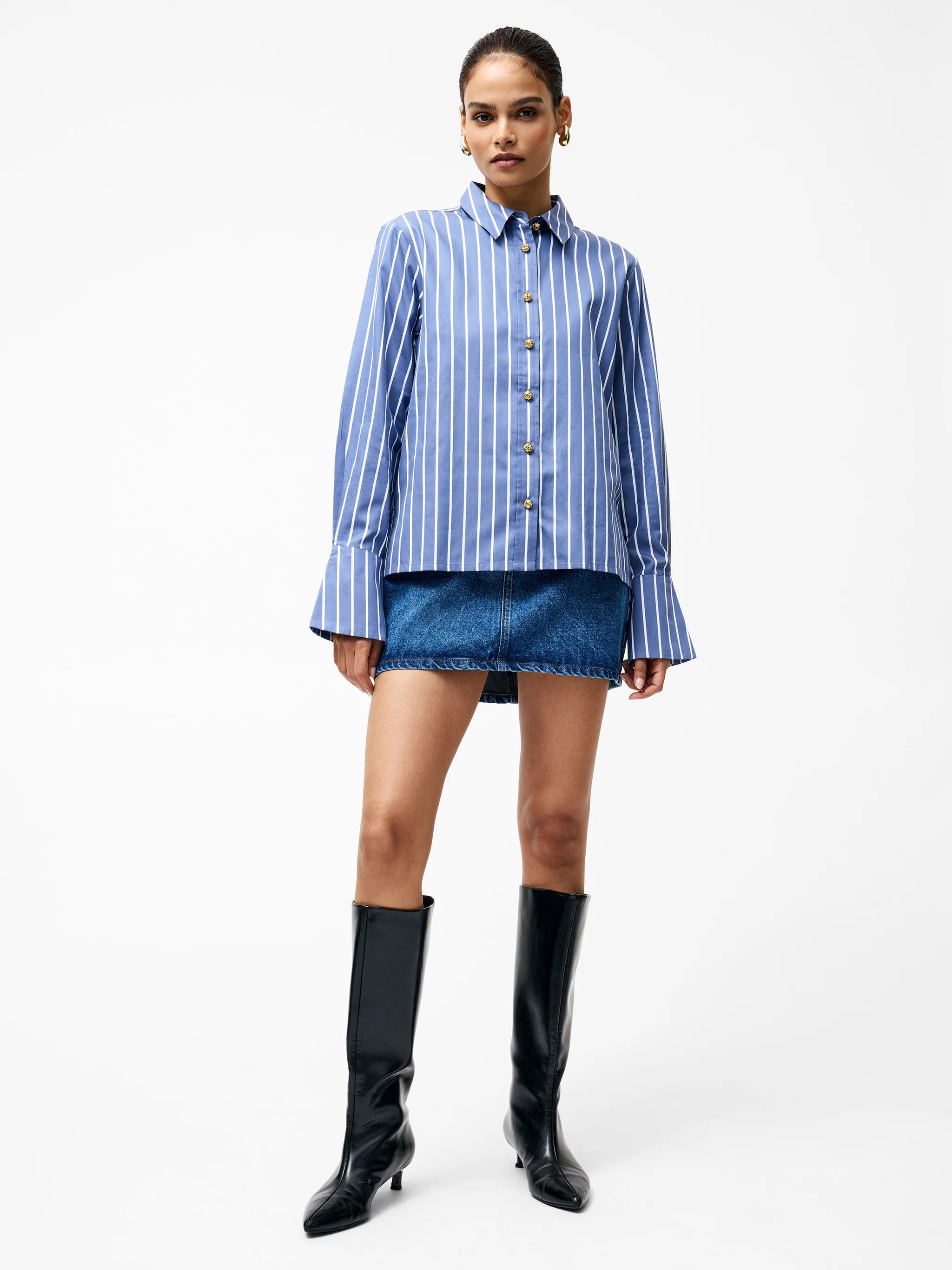Alexis Cotton Stripe Long Flared Sleeve Shirt | French Connection (UK)
