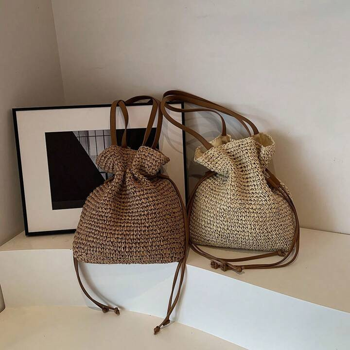 Fashion Casual Versatile Solid Color Vacation Travel Shopping Straw Tote Bag With Large Capacity, Shoulder Bag, Perfectly Matching With Vacation Outfits Women | SHEIN