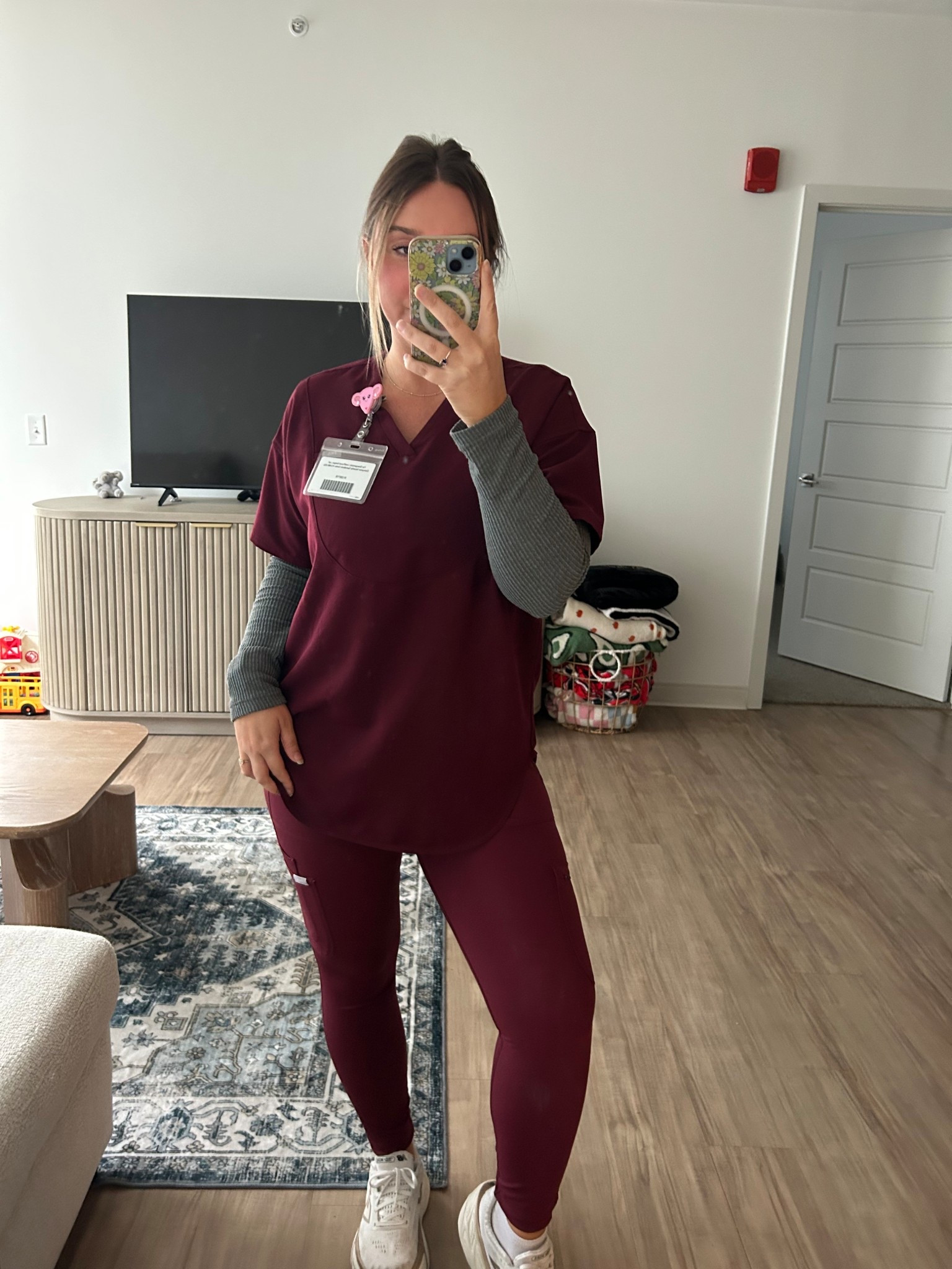 New figs scrubs leggings outfit of the day! 
Burgundy figs scrub wearing. Medium in both top and bottom  

#LTKStyleTip #LTKActive