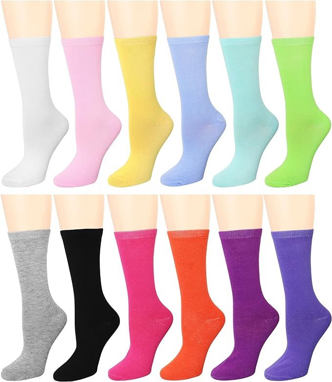 12 Pairs Women's Cotton Crew Socks Assorted Colors | Amazon (US)