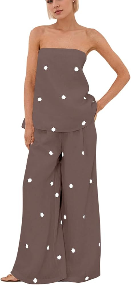 Women 2 Piece Outfits Polka Dot Summer Pants Set Strapless Tube Top High Elastic Waist Wide Leg P... | Amazon (US)
