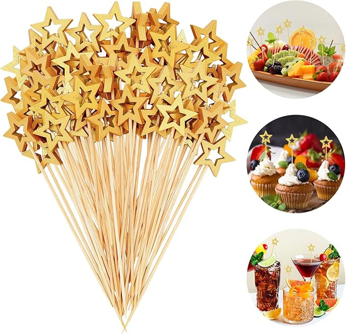 100 Pcs Gold Star Toothpicks, 4.72 Inch Gold Star Cocktail Picks for Appetizers, Long Bamboo Toot... | Amazon (US)
