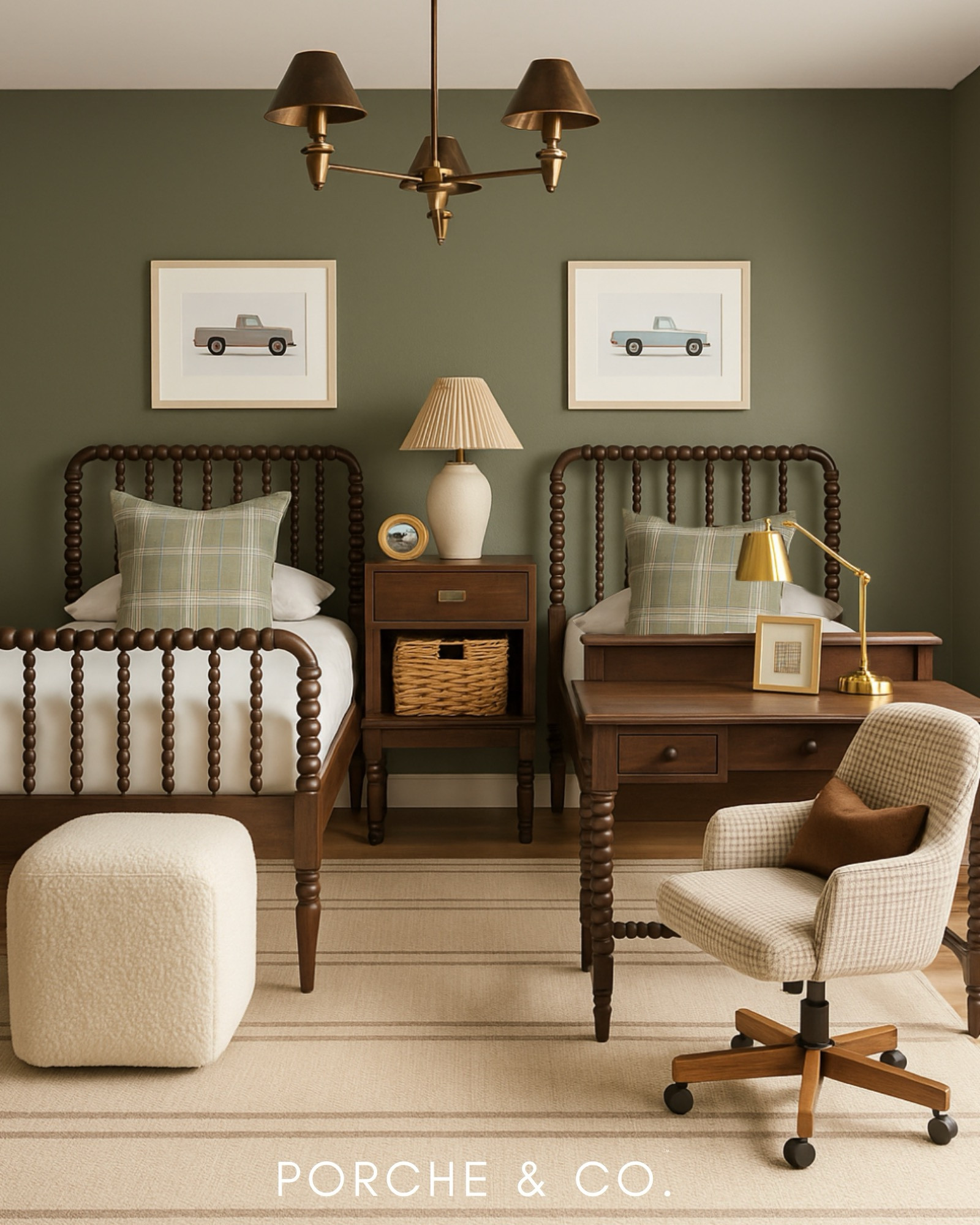 2D vs 3D Boy’s Bedroom Curated Collection 🤍✨ Now you can see what this boys bedroom design will look like in real life- this space is a perfect blend of comfort and contrast! Would you bring this design to life in your own home for your boys?! 🏡

Featuring Jenny Lind style wooden spindle twin beds, a brass central light fixture, soft neutral throw pillows, a ceramic table lamp, vintage-style artwork, woven lidded baskets, and a moody patterned rug—every element was hand-picked to bring warmth and depth.

Shop the full look in our Curated Collection now 🤍
#porcheandco #visionboard #moodboard #boys bedroom#modernclassic #homedesign #interiordesign #3drendering #virtualdesign #neutralhome #warmneutrals #onlineinteriordesign #coffeetabledecor #wovenbaskets #interiorstyling #ltkhomedesign #ltkhome

#LTKStyleTip #LTKKids #LTKHome