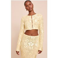 Butter Yellow Floral Sheer Button Cropped Top | PrettyLittleThing US