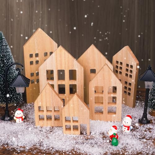 Gosodeny 7 Pcs Christmas Wooden House Shaped Decor Rustic Wood House Tiered Tray Decor Fireplace Farmhouse Home Sign Christmas Party Christmas Home Decoration | Amazon (US)