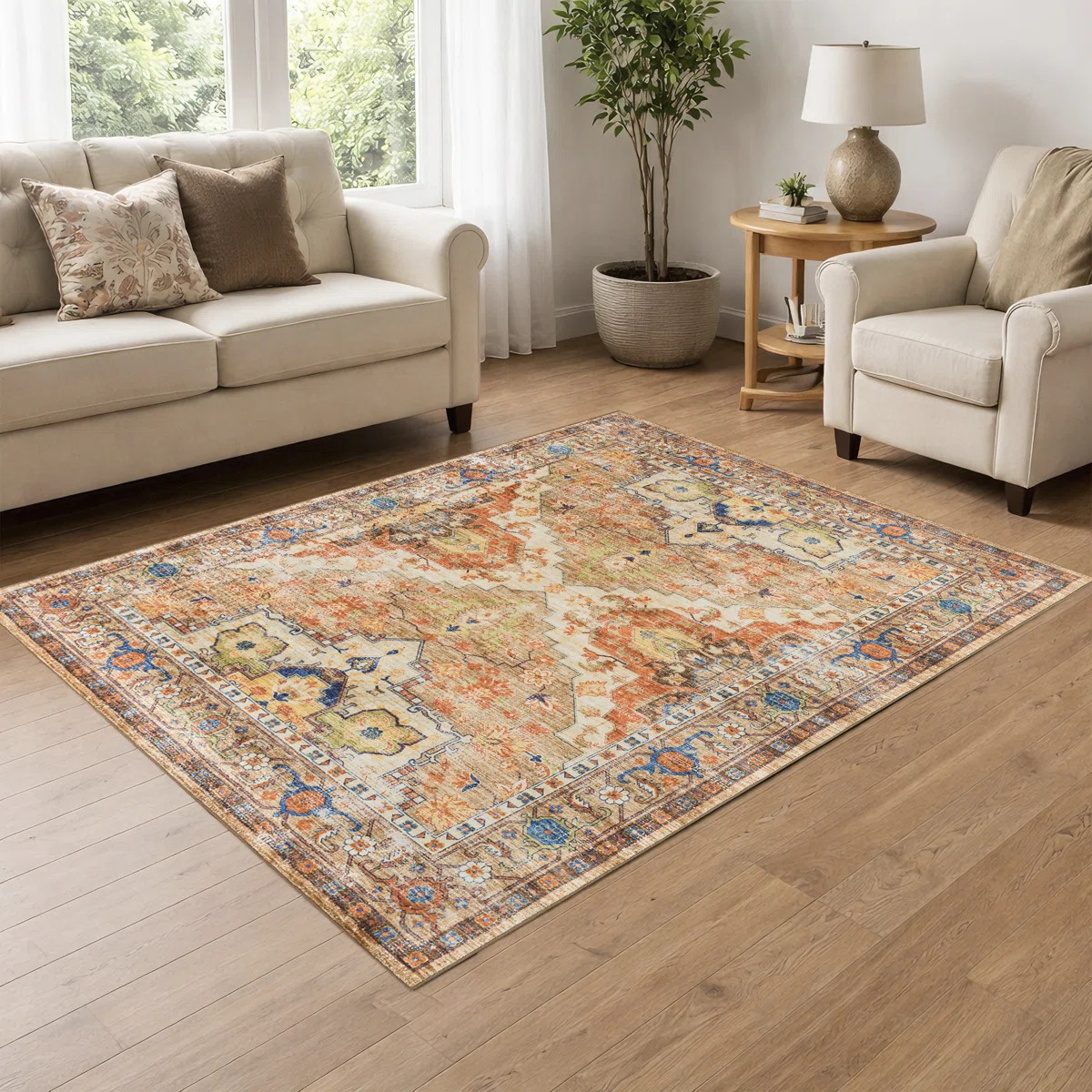 Machine Washable Vintage Oriental Area Rug Non-Slip Backing Orange/Brown/Beige Indoor Carpet for ... | Wayfair North America