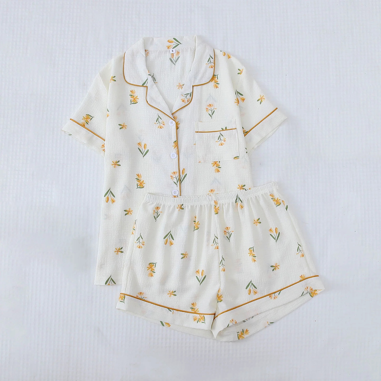 Aobny Yellow Casual Women's Pajamas Fitted Cooling Sleepwear Sets Collared Short Sleeve Floral Sh... | Walmart (US)