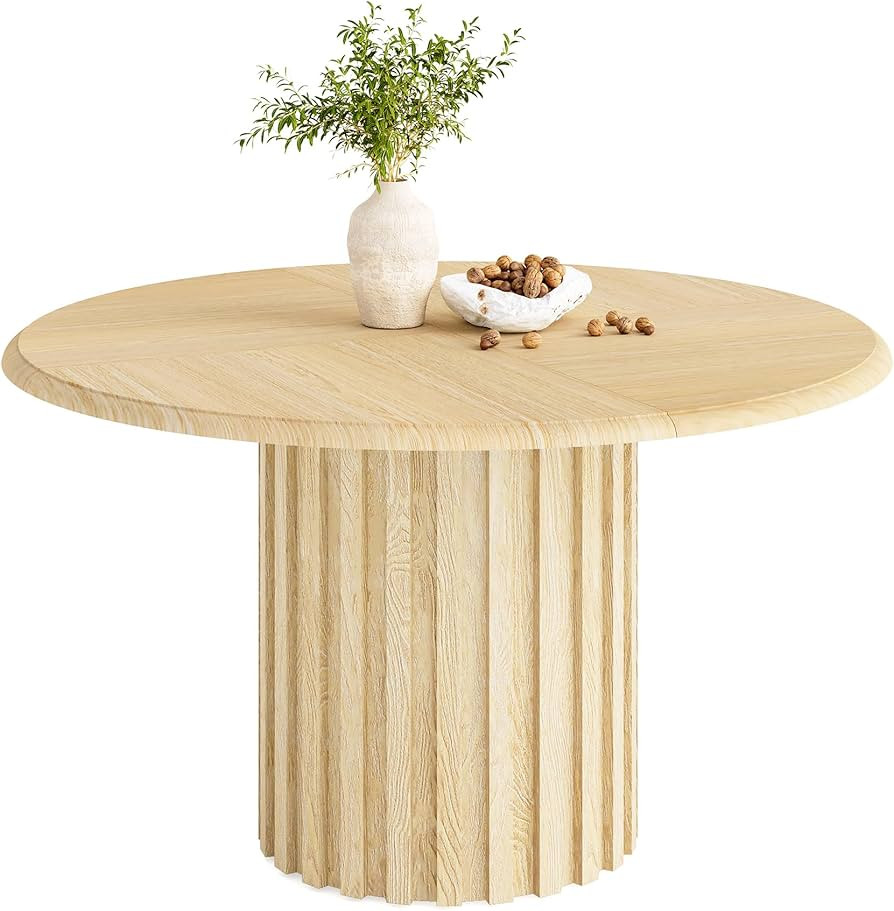 LITTLE TREE 47 Inches Round Dining Table for 4, Natural Wooden Dining Room Tables with Fluted Ped... | Amazon (US)