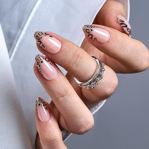 Curvlife Press On Nails Medium Square Nude Pink - Leopard French Tip Press on Nails with Glue, Black Gold Leopard Print Glitter Glossy Fake Nails Long Lasting False Nail Tips for Women | Amazon (US)