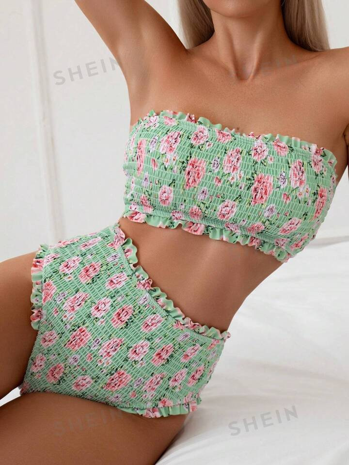 Ladies' Full Print Floral Pattern Padded Bikini Set | SHEIN