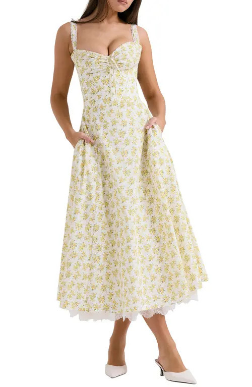 HOUSE OF CB Rosalee Floral Stretch Cotton Petticoat Dress in Yellow Floral Print at Nordstrom, Size X-Large D | Nordstrom
