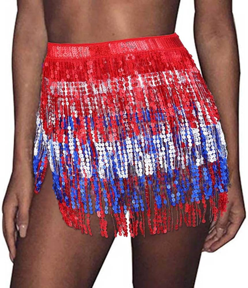TWINKLEDE Sequin Fringe Skirt Sparkly Tassel Belly Dance Skirt Hip Scarf Rave Outfits for Women | Amazon (US)