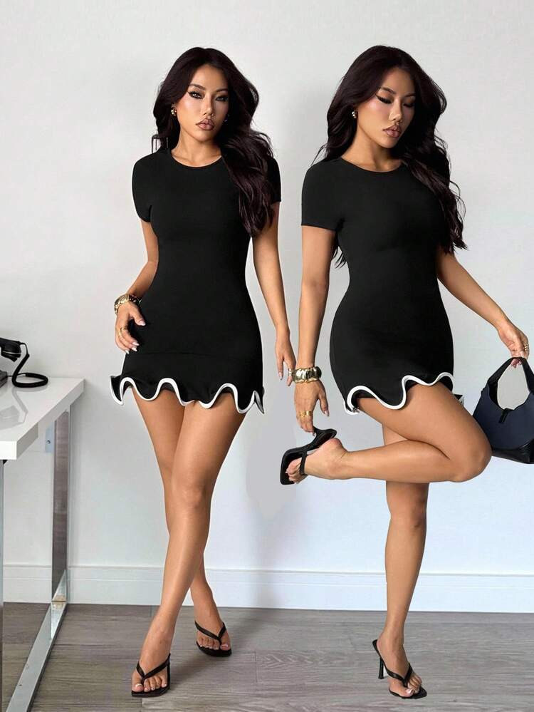 SHEIN PETITE Round Neck Ruffle Hem Versatile Mini Dress, Women's Cocktail Party Dress, Women's Short Dress, Business Casual Women's Dress, Women's Knit Mini Skirt, Suitable For Indoor Or Outdoor Casual Nights, Fitted To Body Curves, Comfortable Fit, Elegant Black Dress, Women's Party Dress, Western Style Women's Dress, Elegant Dress.Going Out Outfit,Sexy, Formal Dresses For Women,Vacation, Sexy,Dresses For Women Party | SHEIN