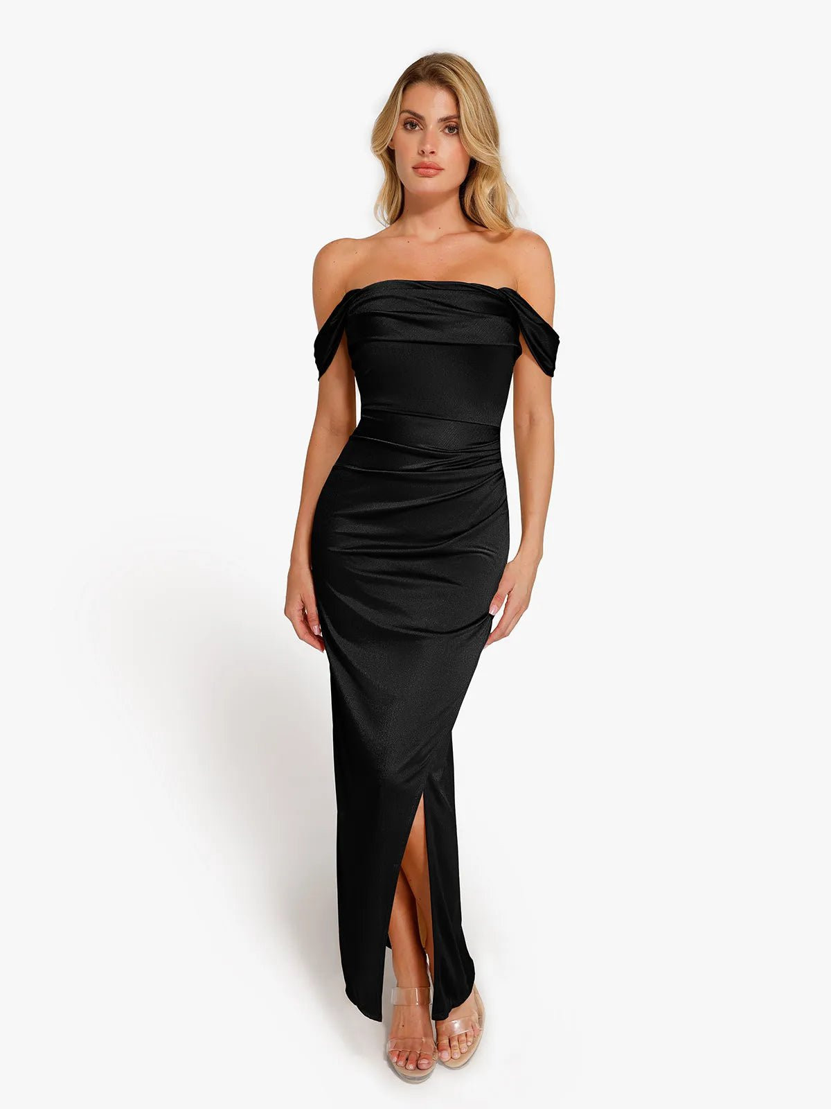 Shapewear Off Shoulder Shine Ruched Sculpting Maxi Dress | Popilush