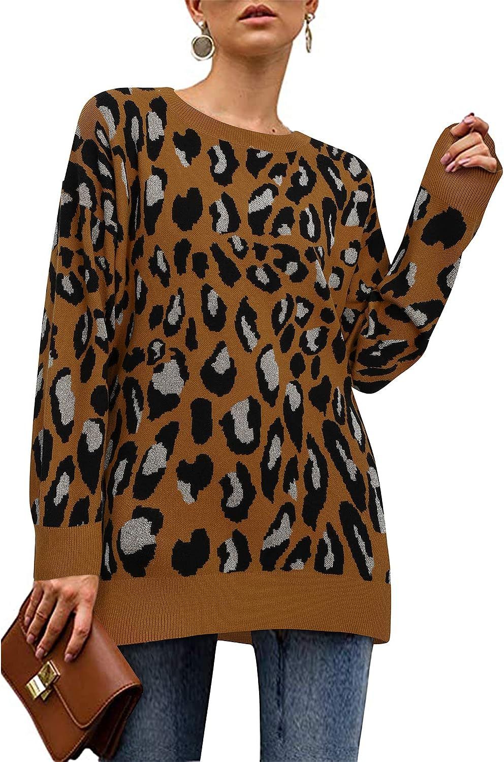 Arach&Cloz Womens Leopard Print Long Sleeve Crew Neck Casual Knitted Pullover Sweater Tops | Amazon (US)