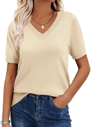 Zeagoo Womens Short Sleeve Sweaters 2026 Summer Lightweight V Neck Pullover Tops Dressy Business ... | Amazon (US)