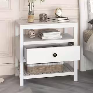 ANBAZAR Solid Wood 1-Drawer White Nightstand with 2 Open Shelves, Modern Nightstand Bedside Table... | The Home Depot