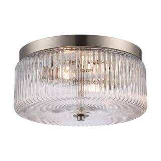 11.75 in. 2-Light Brushed Nickel Flush Mount Ceiling Light Fixture with Clear Ribbed Glass Shade | The Home Depot