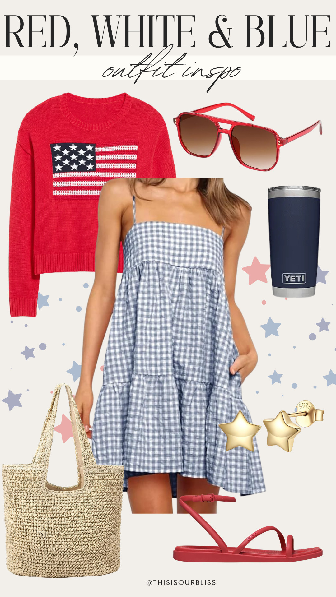 The ultimate all-American summer outfit 🇺🇸✨ This blue gingham dress layered with a classic flag sweater from Old Navy and red sandals is giving picnic, fireworks, and Memorial Day weekend vibes ❤️🤍💙 #MDWStyle #AmericanaFashion 

 #LTKootd #LTKSeasonal #LTKSaleAlert