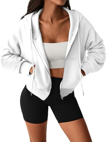Hilinker Womens Cropped Zip Up Hoodie Drawstring Long Sleeve Crop Hooded Jacket with Pocket White Small | Amazon (US)