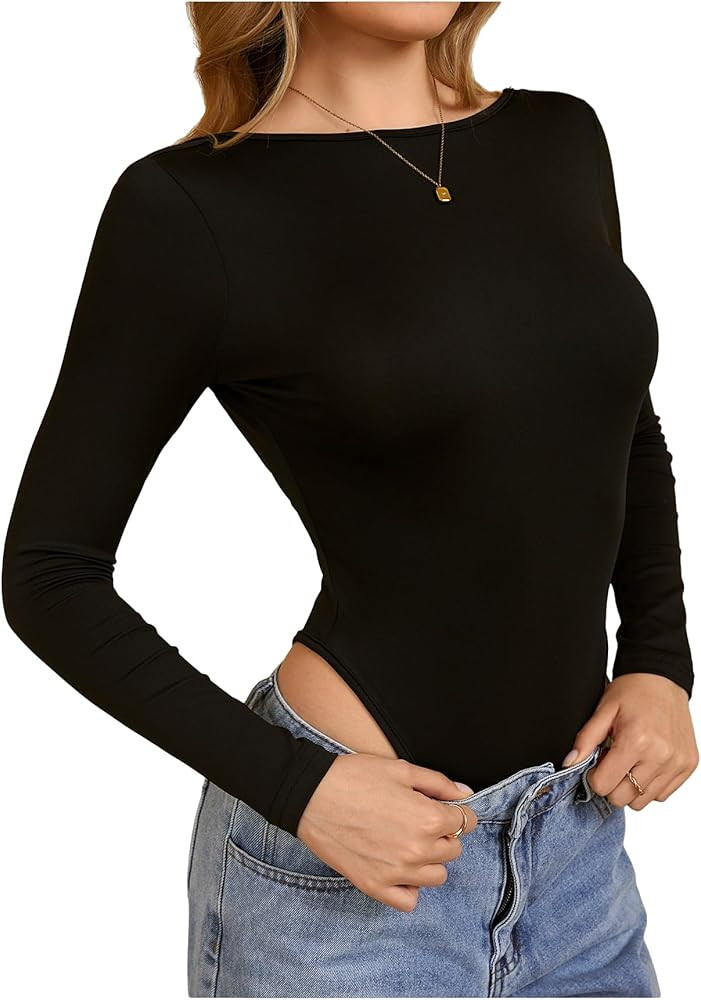 OYOANGLE Women's Open Back Long Sleeve T Shirt Bodysuit Boat Neck Skinny Leotard Top | Amazon (US)