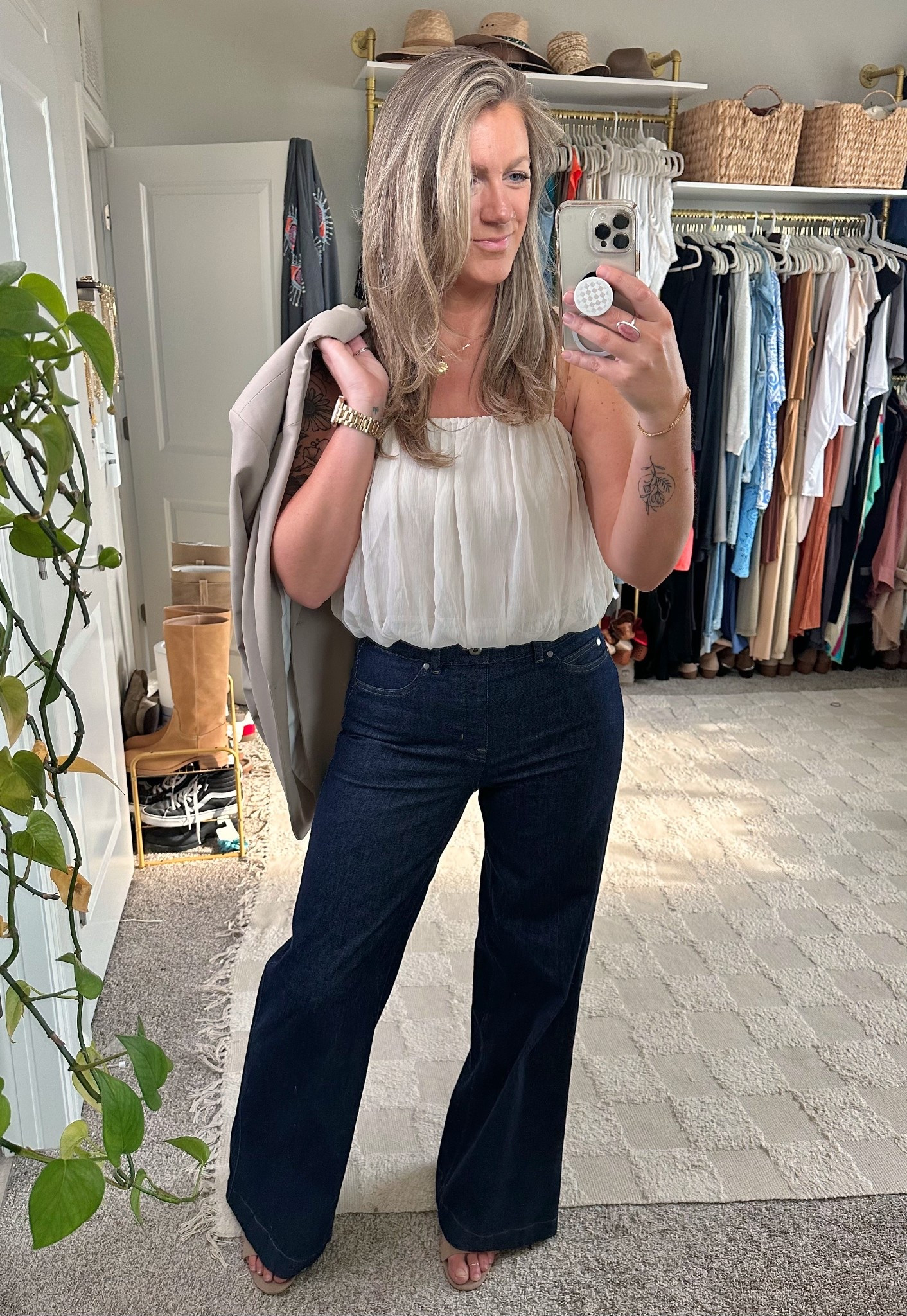 Tall girl work wear:
Medium top, medium tall jeans, large blazer (linked similar) 11 sandals 

#LTKWorkwear #LTKMidsize #LTKOver40