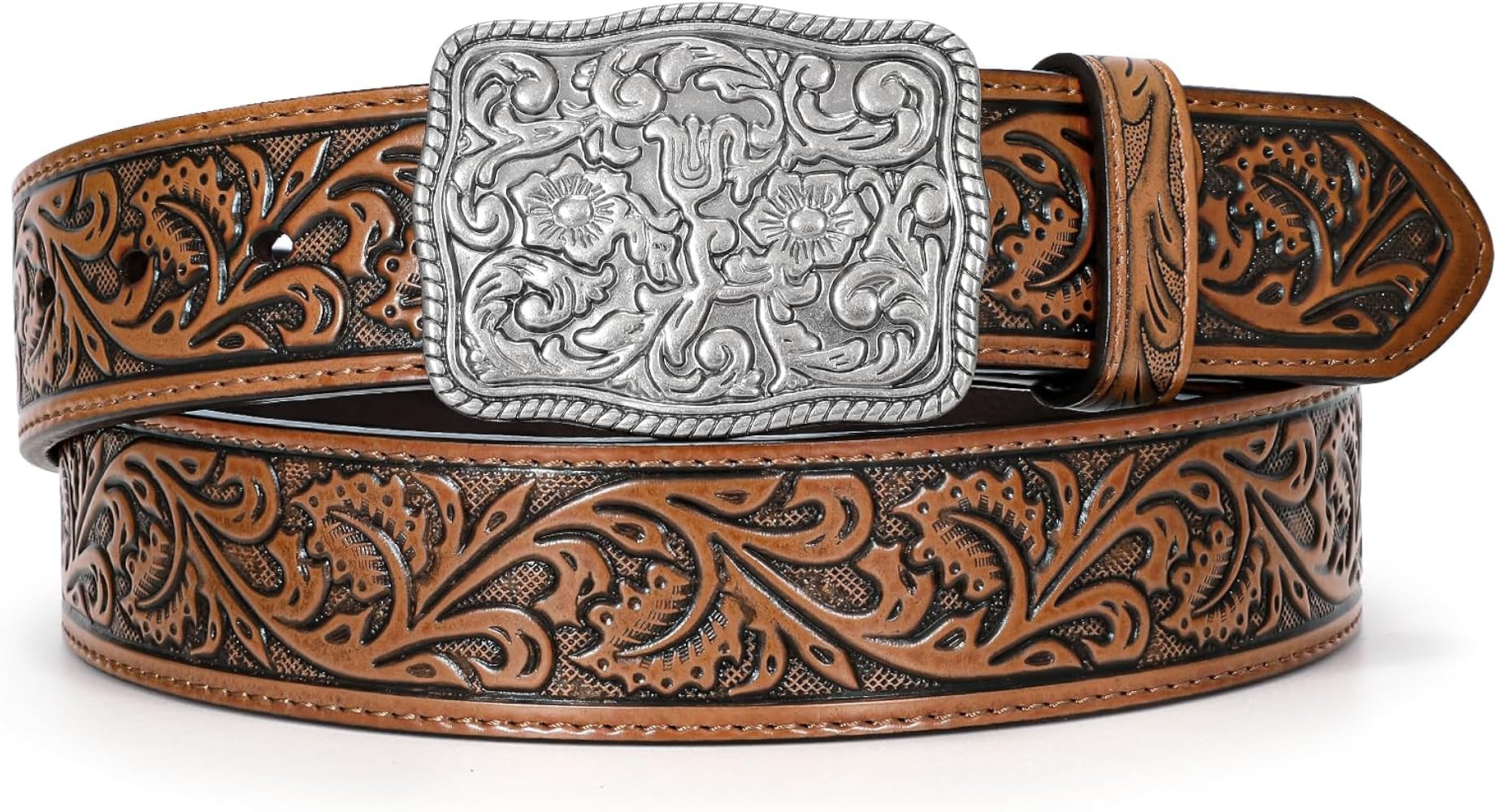 Western Belts for Women Men Cowgirl Cowboy Embossed Engraved Tooled Leather Belt with Buckle for ... | Amazon (US)
