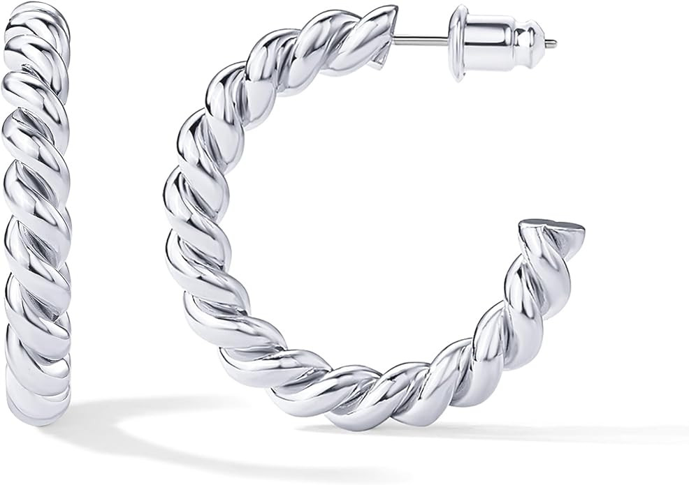 PAVOI 14K Gold Plated Twisted Rope Round Hoop Earrings in Rose, White and Yellow Gold | Amazon (US)