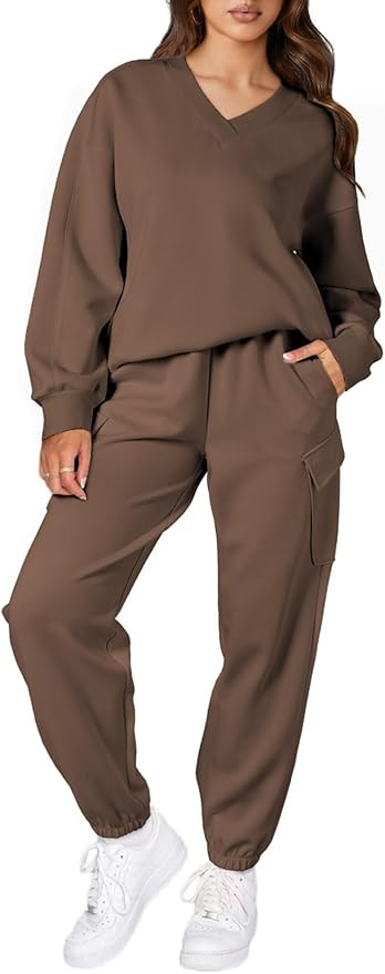 Aleumdr Women's 2 Piece Outfits Sweatsuit Set Pullover V Neck Sweatshirt with Cargo Pant 2024 Fal... | Amazon (US)