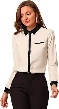 Allegra K Women's Contrast Collar Shirt Chiffon Long Sleeve Work Office Blouse | Amazon (US)