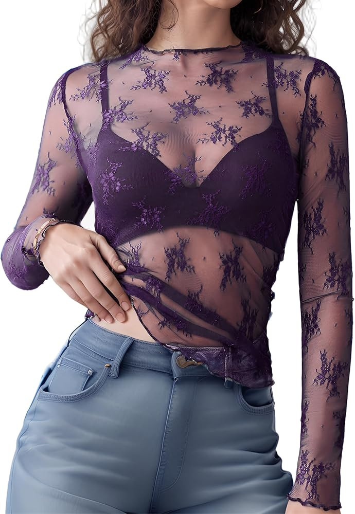 Lace Tops for Women Long Sleeve Mock Neck Mesh Top Sexy Sheer Shirts See Through Floral Blouses | Amazon (US)