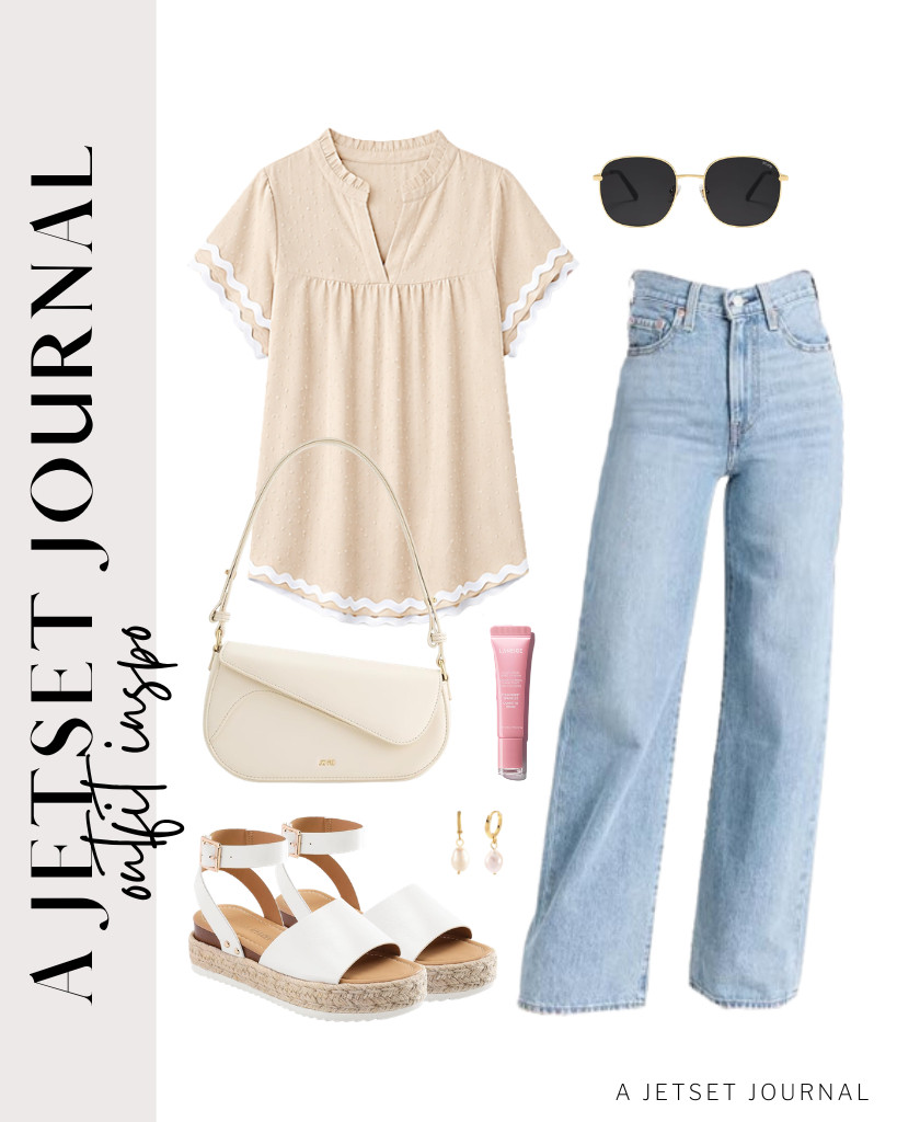 The first outfit is a combo of a ruffle-sleeve blouse with Levi's wide-leg jeans, which you can wear for coffee runs or city outings. Your footwear can be these comfy DREAM PAIRS platform espadrilles that match this trendy shoulder bag. Add those square SOJOS sunnies and your gold huggie earrings for a balanced daytime fit.

#LTKSeasonal #LTKSaleAlert #LTKTravel
 

 