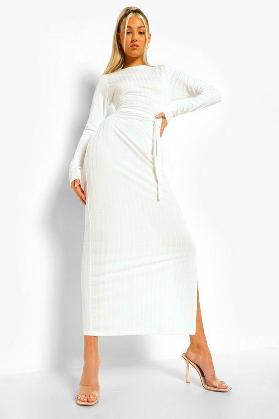 Tall Rib Long Sleeve Belted Midaxi Dress | Boohoo.com (US & CA)