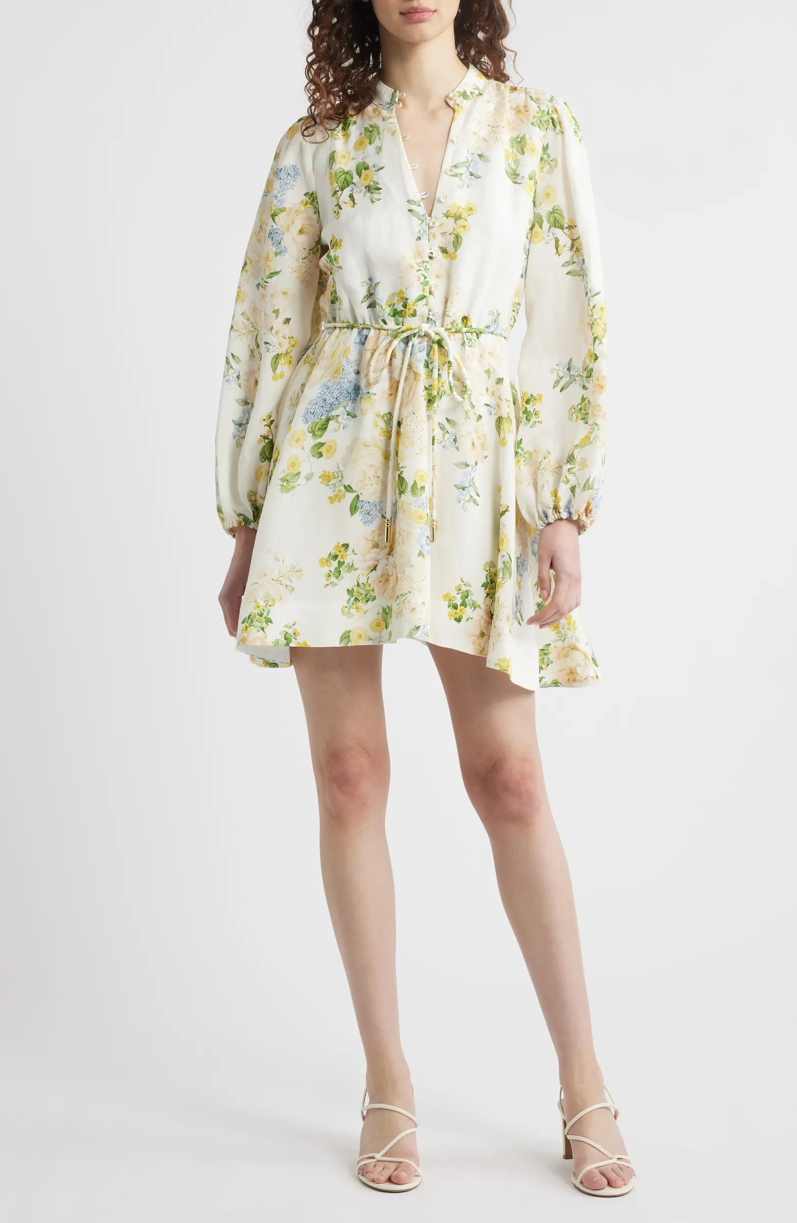 Annalise Tie Waist Long Sleeve Linen Blend Minidress | Nordstrom