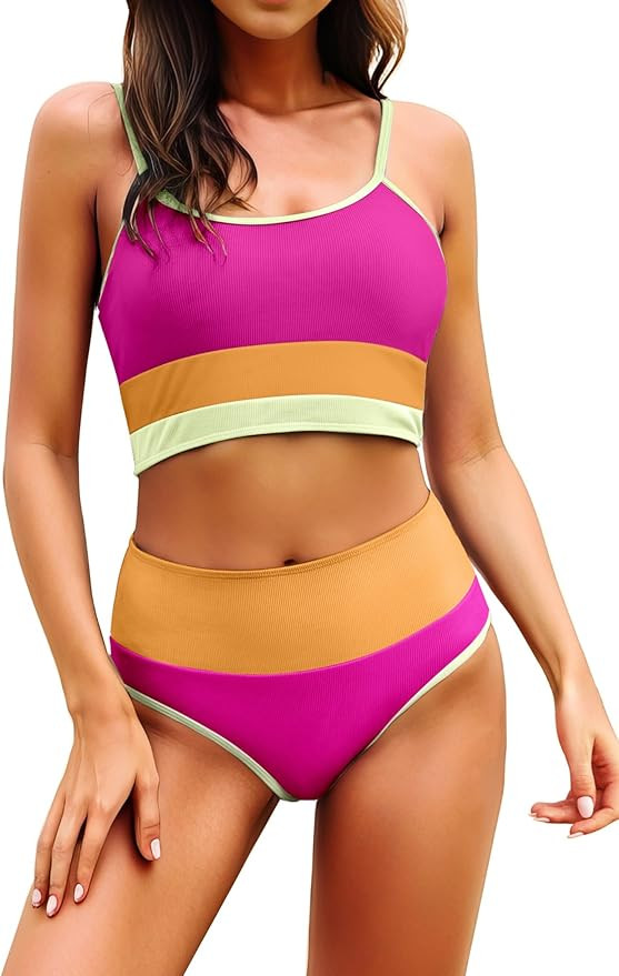 Adisputent Womens High Waisted Bikini Set Color Block Ribbed Crop Top Sporty Swimsuits Tummy Cont... | Amazon (US)