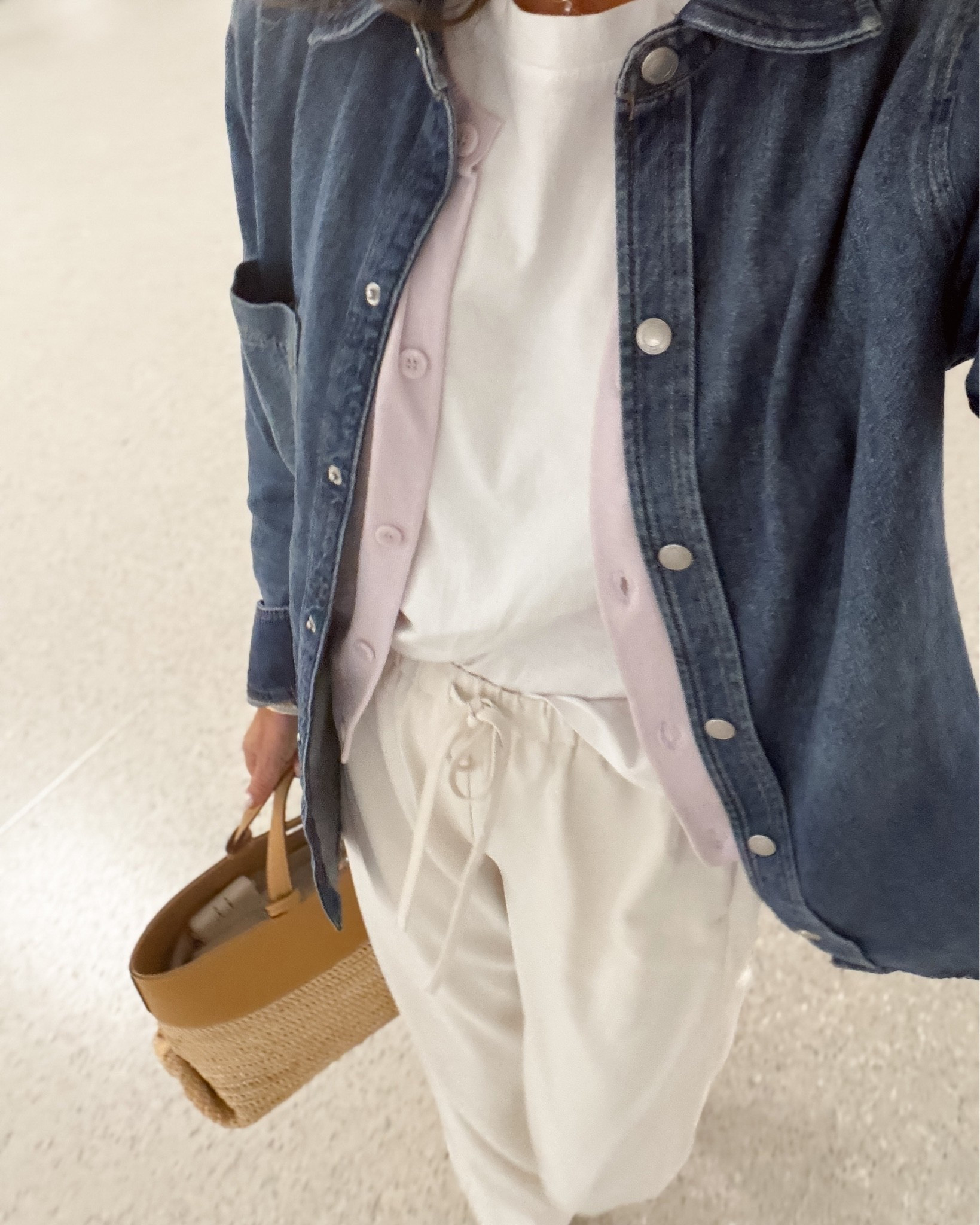 Airport ootd, I’m 5’6’’
-Carry on pant TTS @Spanx 
-white tee size S 
-Ines denim size XS 
-light purple cardi size XS @Splendid 
-bag is available on my ShopMy https://go.shopmy.us/p-64493375

#LTKootd #LTKOver40 #LTKTravel