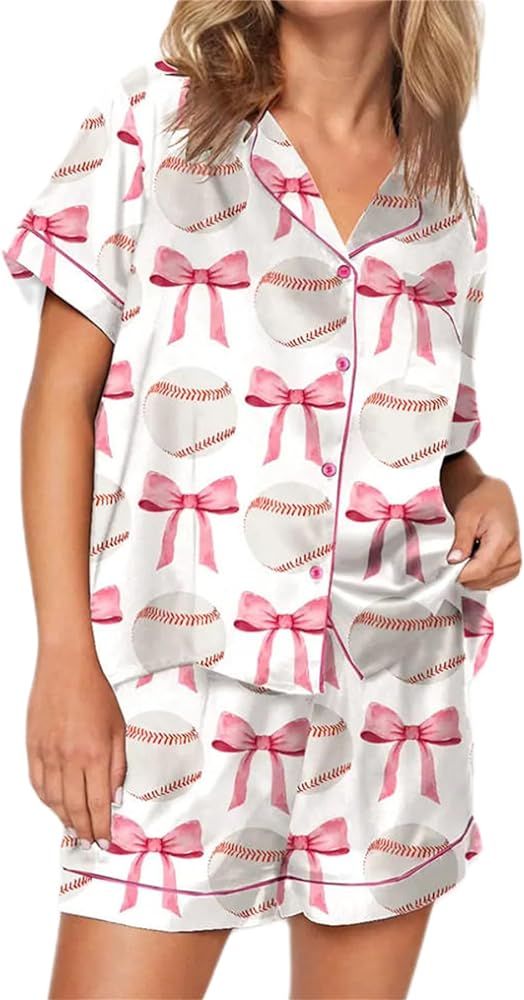 Hassembly Women 2 Piece Satin Pajama Set Cute Bow Print Short Sleeve Shirt Loose Shorts Matching ... | Amazon (US)