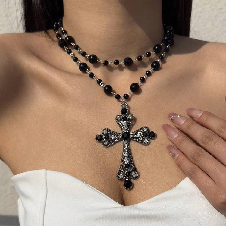 1pc Gothic Style Metal Cross With Glass Rhinestone Pendant Necklace Set For Women | SHEIN