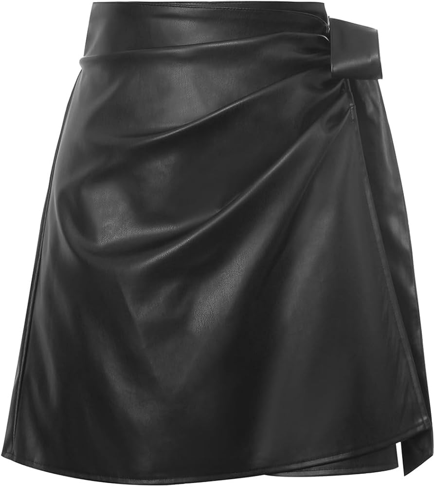 Women's PU Leather Skirt High Waist Knot Side Wrap Casual Ruched Short Skirts | Amazon (US)
