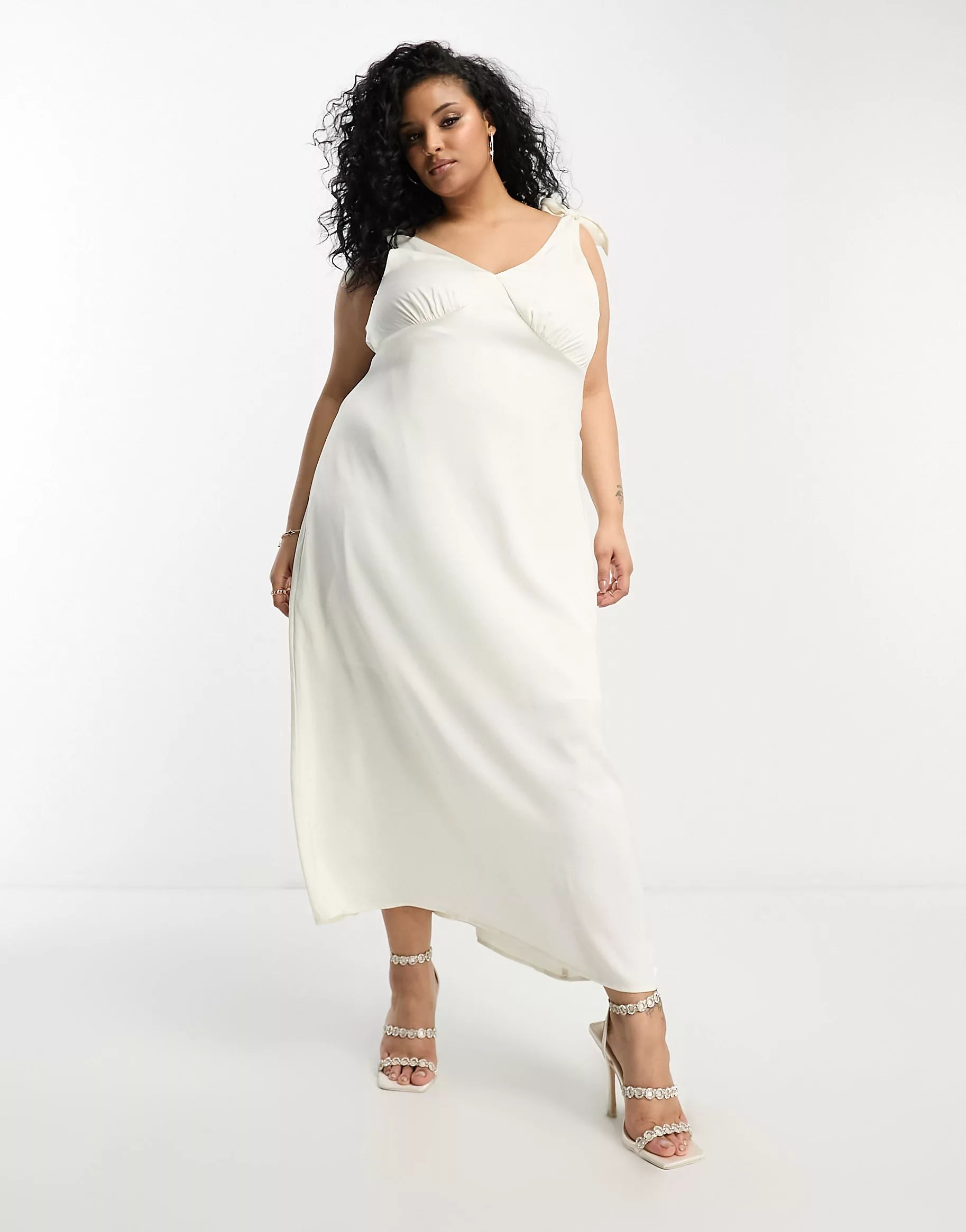 Vila Curve Bridal satin tie shoulder cami maxi dress in cream | ASOS (Global)