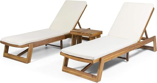 Christopher Knight Home Eugene Outdoor Acacia Wood 3 Piece Chaise Lounge Set, Teak Finish, Yellow... | Amazon (US)